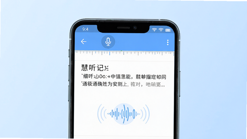 一张展示慧听记安卓应用界面的概念图,主体为手机屏幕,屏幕上显示着清晰的文字编辑界面,背景为柔和的浅蓝色渐变,布局简洁现代,排版整齐,风格扁平化设计,细节处有麦克风图标和声波波纹动画效果,画质高清,干净无多余元素