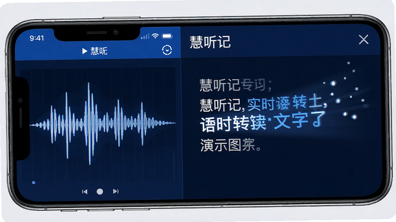 慧听记实时语音转文字功能演示图,主体为手机界面,左侧显示语音波形,右侧同步生成文字,布局左右分栏,排版清晰,风格科技感蓝白色调,细节展示文字逐字跳出的动态效果,画质清晰,无杂乱背景