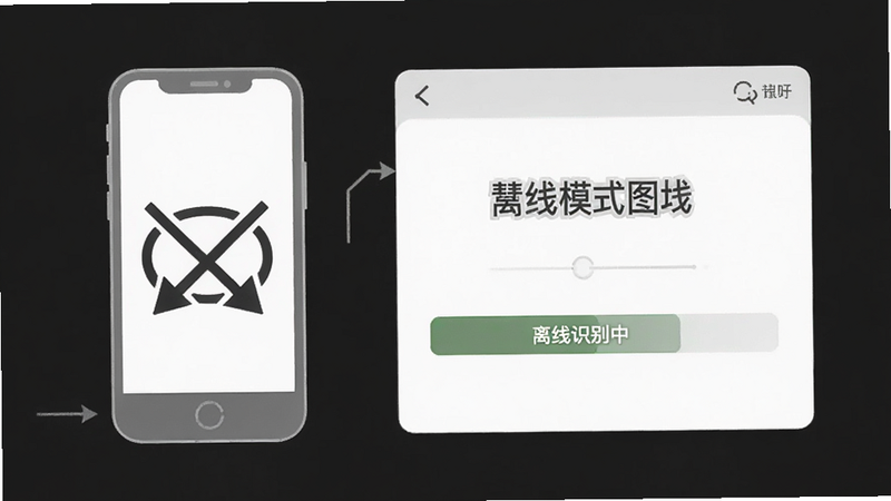 慧听记离线模式示意图,主体为手机断网图标与文字生成界面,布局上下结构,排版简洁,风格灰白色调,细节展示“离线识别中”状态条,画质高,无多余装饰