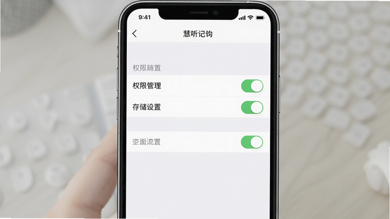 慧听记移动端设置界面预览图,主体为手机设置菜单,显示“权限管理”、“存储设置”选项,布局列表式,排版规整,风格极简主义,细节处有开关按钮状态,画质清晰,无干扰元素