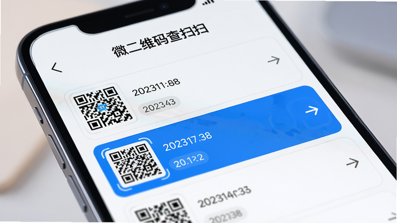 手机界面特写,显示“微二维码查扫扫”的历史记录页面,列表项清晰可见,每项包含二维码缩略图和日期标签,蓝色高亮选中状态,背景柔和,排版整齐,风格科技感,细节清晰,画质高清