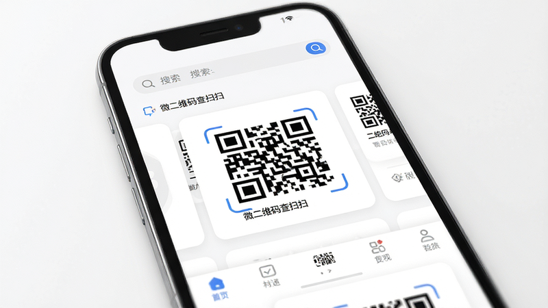 一张展示“微二维码查扫扫”App主界面的高清产品渲染图,主体为手机屏幕显示应用首页,布局清晰,顶部为搜索栏,中部为二维码列表卡片,底部为导航栏,风格简约现代,白色背景,细节精致,画质4k,干净无多余元素