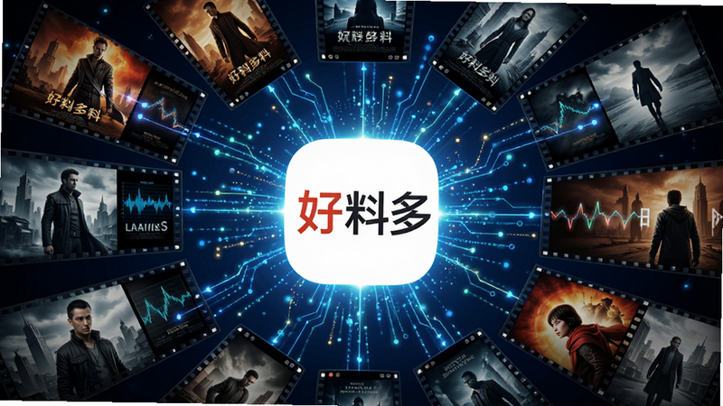 主体为数据流与视频封面的结合,布局呈放射状,中心为好料多Logo,周围环绕着电影海报元素,排版紧凑有序,风格科技感强,细节包含数据粒子、连接线条,画质高清,干净,无多余元素