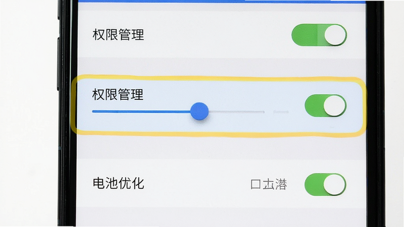 主体为手机设置界面截图,高亮显示“权限管理”和“电池优化”选项,布局垂直排列,风格系统原生UI,细节包含开关按钮、滑块控件,画质清晰,干净,无多余元素