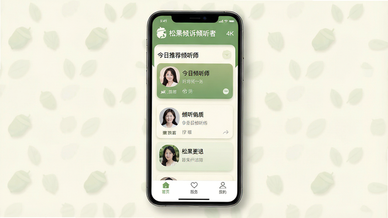 一张高清移动端应用界面全景图,主体为松果倾诉倾听者安卓APP首页,布局清晰,顶部显示“松果倾诉倾听者”Logo,中间展示“今日推荐倾听师”卡片列表,底部为导航栏,包含“首页”、“服务”、“我的”图标,风格清新简约,主色调为柔和的松果绿与米白,细节处有轻微阴影增加立体感,画质4K,干净无多余元素