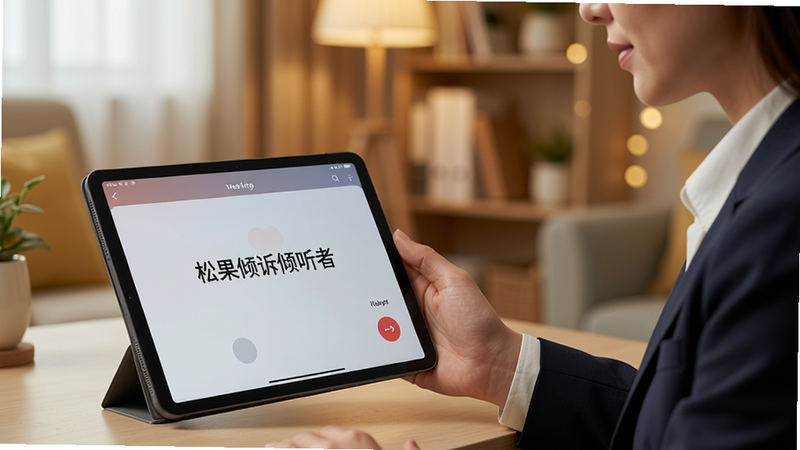 特写镜头展示一位身穿职业装的倾听师正在通过平板电脑进行语音通话,屏幕显示“松果倾诉倾听者”界面,背景为温馨的心理咨询室,色调温暖,突出专业与信任感,细节清晰,高清画质,无水印