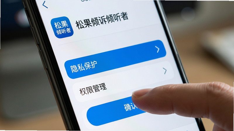 手机屏幕特写,显示“松果倾诉倾听者”APP的设置页面,重点高亮“隐私保护”和“权限管理”选项,手指正在点击确认,背景虚化,风格写实,细节清晰,高清画质,无多余文字