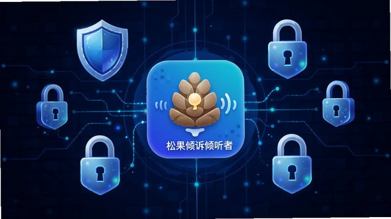 抽象风格的隐私保护概念图,中心为“松果倾诉倾听者”APP图标,周围环绕着盾牌、锁和加密符号,背景为深蓝色科技感网格,布局对称,风格现代简洁,细节精致,高清渲染,无杂乱元素
