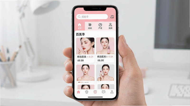一张现代简约风格的手机APP界面展示图,主体为“百美季”安卓应用首页,布局清晰,顶部显示搜索栏与分类图标,中部展示精选医美项目卡片,底部为导航栏,风格为扁平化设计,细节包含柔和的粉色与白色配色,画质高清,干净,无多余元素,文字“百美季”清晰可见
