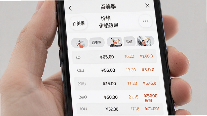 手机屏幕显示价格明细对比表,主体为“百美季”APP内的价格透明功能页,布局为表格形式,排版清晰,风格商务简洁,细节展示不同项目的具体金额与折扣信息,画质高清,干净,无多余元素