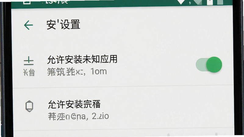 手机设置界面截图,主体为安卓系统的安全设置页面,布局为列表选项,排版清晰,风格系统原生UI,细节展示“允许安装未知应用”开关已开启的状态,画质清晰,干净,无多余元素