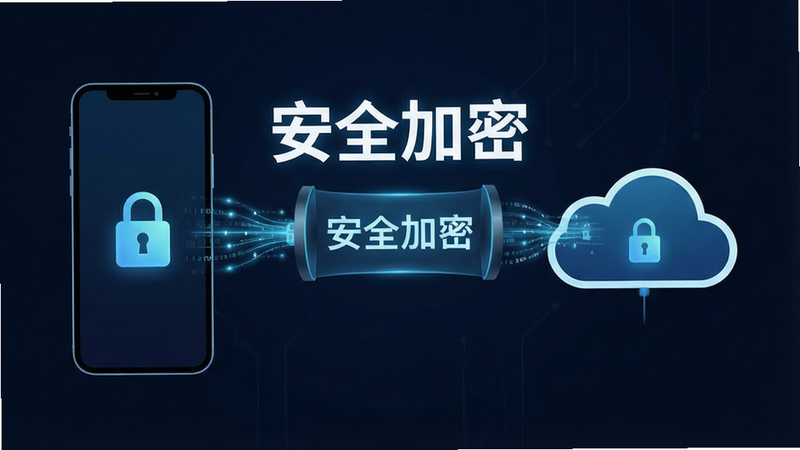 主体为数据加密传输示意图,布局展示手机与云端之间的加密隧道,排版对称平衡,风格极简主义,细节包含锁形图标与数据流光线,画质清晰,干净,无多余元素,文字'安全加密'突出显示