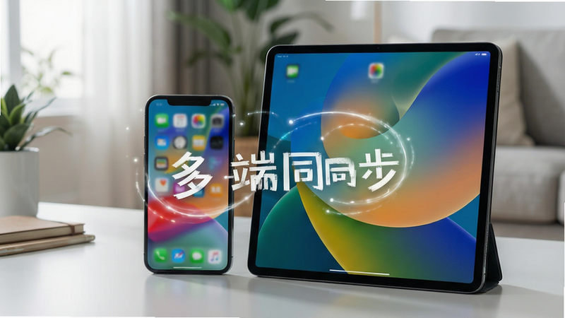 主体为多设备同步场景,布局展示手机与平板并排摆放,排版紧凑和谐,风格现代生活风,细节包含屏幕同步闪烁的光效,画质细腻,干净,无多余元素,文字'多端同步'标注