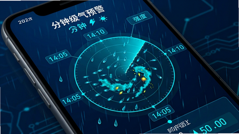 生成一张展示“精准天气预报”分钟级降雨功能的示意图,主体为手机屏幕特写,画面中央是一个动态的雨滴雷达扫描动画,周围环绕着具体的时间点标签如“14:05”、“14:10”。布局紧凑,重点突出时间轴与降雨强度的对应关系,风格科技感强,深蓝色背景搭配亮青色数据线条,细节丰富,画质高清,文字“分钟级预警”醒目。