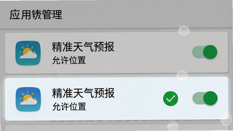 生成一张安卓手机设置界面的示意图,主体为“应用管理”列表,高亮显示“精准天气预报”条目,旁边有一个绿色的“允许”勾选标记。布局清晰,左侧为应用图标,右侧为权限开关状态,风格为典型的安卓系统UI设计,灰色背景搭配白色卡片,细节处体现触控反馈效果,画质清晰,无多余装饰,文字“精准天气预报”、“允许位置”清晰可见。