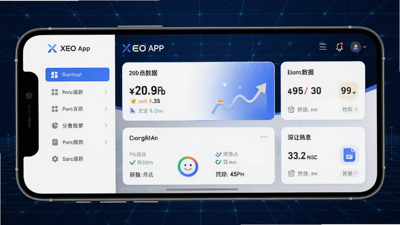 һ�Ÿ�����ֻ�Ӧ�ý���ȫ��ͼ������Ϊ XEO APP �������棬����Ϊ����ɫ�Ƽ������񣬲������࣬�����ʾ���ܲ˵��б����Ҳ�չʾ�������ݿ�Ƭ������ִ���Լ��ϸ�ڷḻ�������������ɾ����޶���Ԫ��