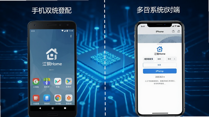 �ֻ�˫ϵͳ�Ա�ͼ�����Ϊ��׿�ֻ���ʾ����ͭHome�����н��棬�Ҳ�ΪiPhone�ֻ���ʾ��ҳ�˵�¼���棬�м������߷ָ�������Ϊ�Ƽ�����ɫ��Ч��ͻ���ƶ��칫�Ķ�ƽ̨���������壬��࣬�޶�������