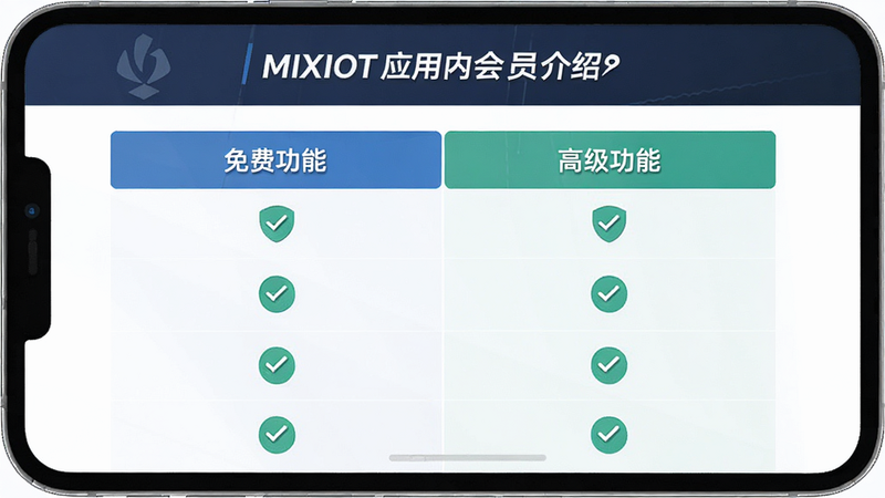 MIXIOT应用内会员介绍页面,主体为功能对比表,布局左右分栏,左侧免费功能,右侧高级功能,风格简洁商务,细节展示对勾图标,画质清晰,干净,无多余元素