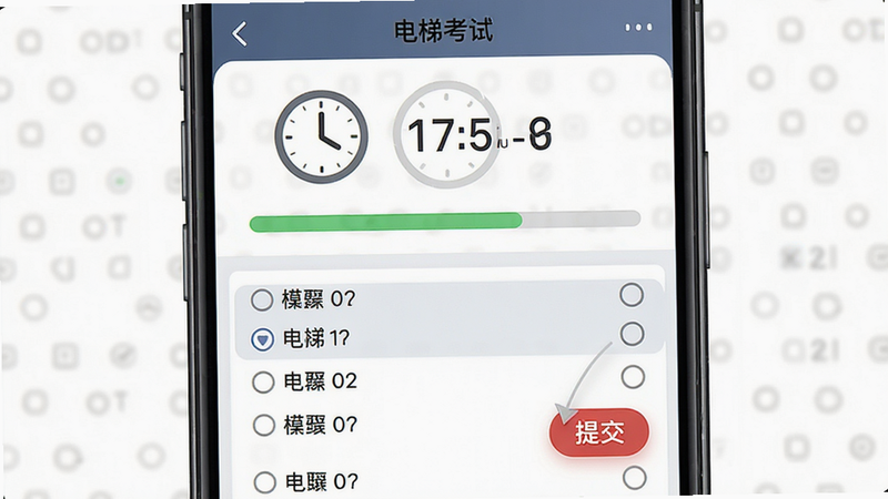手机屏幕截图风格,展示“电梯考试”APP的模拟考界面。主体是一个倒计时时钟图标和进度条,下方是单选题列表。布局清晰,重点突出当前题目,风格专业严肃,细节处有红色的“提交”按钮,画质高清,干净,无多余元素。