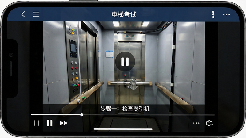 手机屏幕显示“电梯考试”APP内的视频播放界面。主体是正在播放的电梯机房内部操作画面,下方有播放控制条和字幕“步骤一:检查曳引机”。布局上下分栏,风格写实,细节处有视频暂停按钮,画质清晰,干净,无多余元素。
