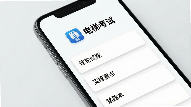 一张高清的智能手机屏幕特写图,屏幕显示着名为“电梯考试”的应用界面。主体是简洁的白色背景,顶部有蓝色的应用Logo和文字“电梯考试”。中间部分展示了一个清晰的题库列表,包含“理论试题”、“实操要点”、“错题本”等模块。布局采用卡片式设计,排版整齐,风格现代简约,细节处有柔和的阴影效果,画质清晰,干净,无多余元素。