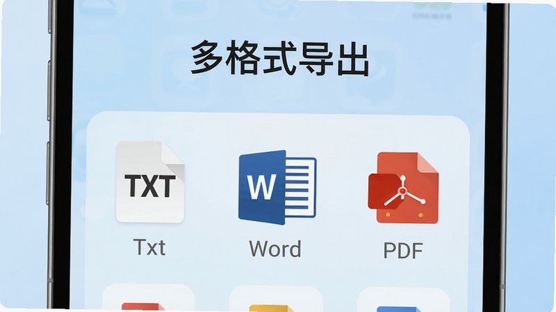 手机界面展示导出菜单,列出TXT、Word、PDF等图标,背景为浅蓝色渐变,布局整齐,排版清晰,风格扁平化,细节显示文件格式图标,画质高清,干净,无多余元素,文字
