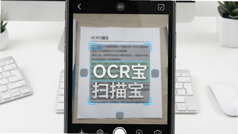 一张高清软件宣传图,主体为手机界面展示OCR扫描宝正在识别文档,背景为简洁的白色办公桌面,布局居中,排版清晰,风格现代简约,细节显示识别框高亮文字,画质4k,干净,无多余元素,文字