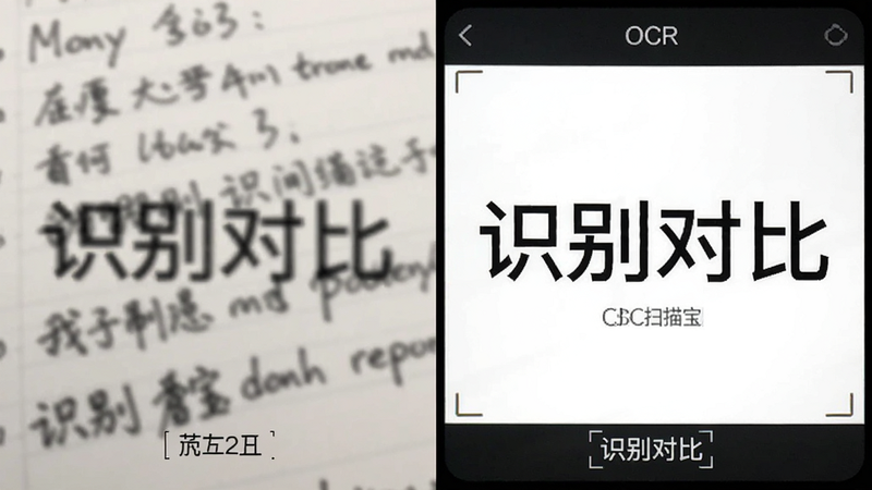 对比图,左侧为模糊的手写笔记,右侧为OCR扫描宝识别后的清晰文字,布局左右对比,风格简洁,细节展示识别前后差异,画质高清,干净,无多余元素,文字