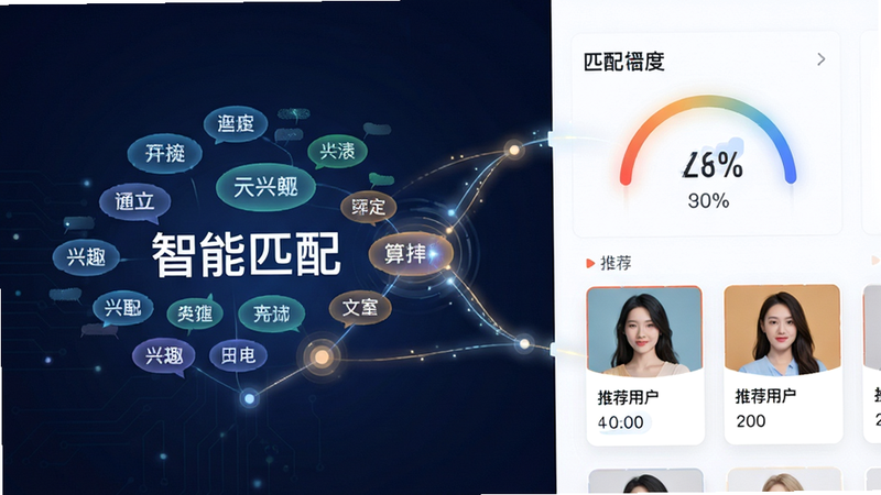主体为连枝APP的智能匹配界面示意图,布局采用左右分栏结构,左侧展示用户兴趣标签云,右侧展示匹配度百分比与推荐用户卡片,排版清晰有序,风格科技感与人文感结合,细节突出算法连接的视觉隐喻,如柔和的光线连接点,画质为超高清,画面干净无多余元素,文字显示为