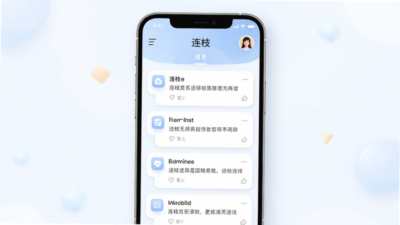 主体为连枝APP的主界面预览图,布局采用居中对称设计,顶部展示清晰的导航栏与用户头像区域,中部为动态消息流展示,卡片式排版整齐排列,风格为现代极简主义,色彩以柔和的淡蓝色与白色为主调,细节处体现精致的图标设计与阴影效果,画质为高清4K,画面干净无多余元素,文字显示为