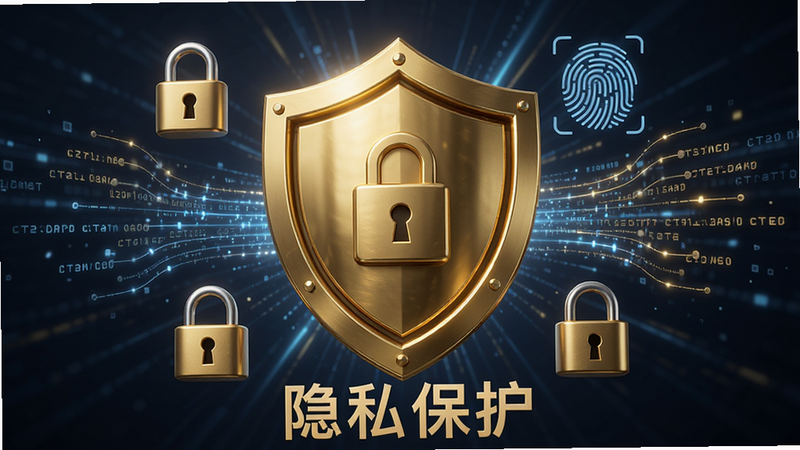 主体为连枝APP的隐私安全盾牌概念图,布局中心为巨大的金色盾牌图标,周围环绕着锁头、指纹识别及数据流线条,排版呈辐射状分布,风格庄重且充满安全感,细节体现金属质感与数字光效,画质为高清渲染,画面干净无多余元素,文字显示为