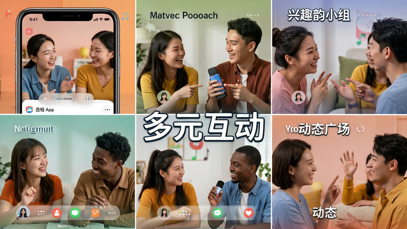 主体为连枝APP的多元互动场景拼贴图,布局采用九宫格形式展示语音房间、兴趣小组及动态广场三个核心模块,排版紧凑且富有节奏感,风格生动活泼,色彩丰富但不杂乱,细节处体现人物互动的温馨瞬间,画质为高清实拍风格,画面干净无多余元素,文字显示为