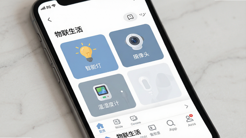 主体为手机屏幕展示“物联生活”App主界面,布局清晰分为顶部状态栏、中部设备列表卡片、底部导航栏。排版采用极简主义风格,背景为纯白色,设备图标使用扁平化设计,色彩柔和以蓝灰为主色调。细节包含“智能灯”、“摄像头”、“温湿度计”图标,画质高清,干净无多余元素,文字标注“物联生活”