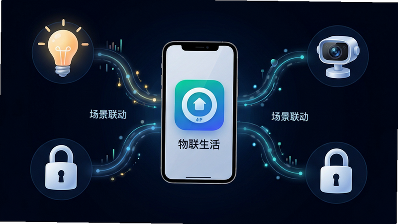主体为智能家居场景示意图,布局采用中心辐射式,中心为手机“物联生活”App图标,四周连接灯泡、摄像头、门锁图标。排版对称平衡,风格为现代科技感,线条流畅。细节展示数据流动效果,画质清晰,干净,无多余装饰,文字标注“场景联动”