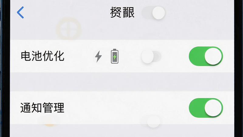 主体为手机设置界面截图,布局为列表式,显示“电池优化”、“通知管理”选项。排版简洁,风格系统原生,细节包含开关按钮状态,画质清晰,干净,无广告,文字标注“权限设置”