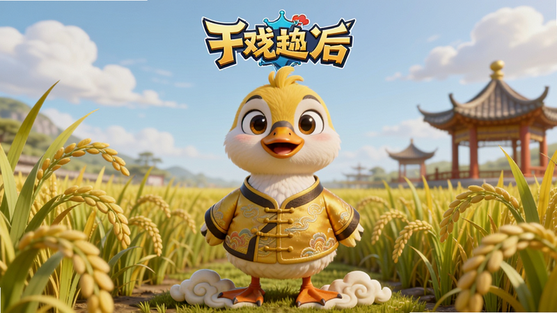 主体为一只圆润可爱的卡通大鹅,身穿金色刺绣唐装,站在金黄色的稻田中央。布局采用中心对称式,大鹅位于画面正中,背景是柔和的蓝天白云和远处的中式亭台。排版简洁,上方留白显示游戏Logo。风格为3D卡通渲染,色彩明亮温暖,以鹅黄色和金色为主色调。细节丰富,大鹅羽毛蓬松,眼神灵动,脚踩祥云。画质高清8k,干净无多余元素,无水印。