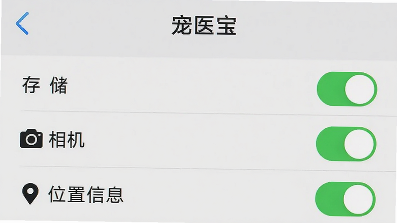 手机设置界面截图,展示“宠医宝”APP的权限设置页面,高亮显示“存储”、“相机”、“位置信息”三个权限开关处于开启状态,界面简洁,文字清晰,背景为浅灰色,无其他干扰元素,高清画质