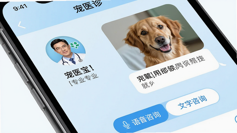 手机屏幕特写,显示“宠医宝”在线问诊对话界面,左侧为兽医头像及专业头衔,右侧为用户发送的宠物照片及文字描述,界面下方有“语音咨询”和“文字咨询”切换按钮,背景为淡蓝色渐变,字体清晰易读,布局紧凑合理,高清细节,无杂乱背景