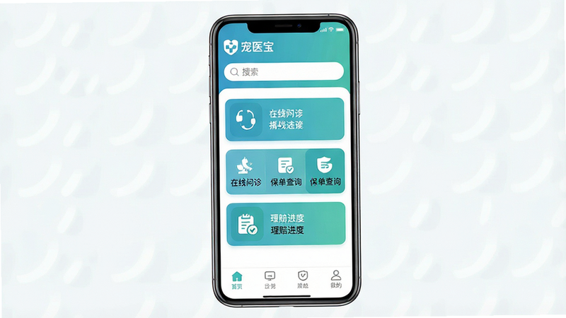 一张高清移动端应用界面预览图,主体为“宠医宝”APP首页,顶部显示品牌Logo和搜索栏,中间区域展示三个核心功能入口图标:“在线问诊”、“保单查询”、“理赔进度”,底部为导航栏,整体风格采用清新的蓝绿色调,扁平化设计,排版整洁有序,光线明亮,背景干净,无多余元素,高清画质