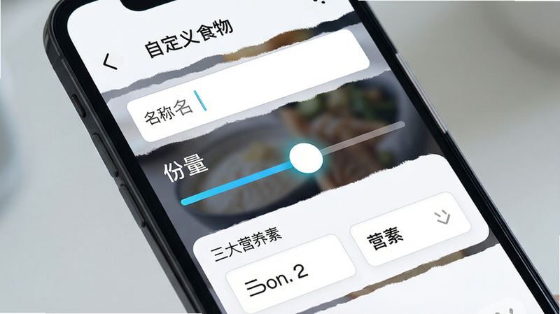 主体为手机界面,展示“自定义食物”编辑页面,包含名称输入框、份量滑块、三大营养素输入区,布局逻辑清晰,风格简约科技,细节展示滑块操作状态,高清画质,干净,无多余元素,文字“自定义食物”清晰