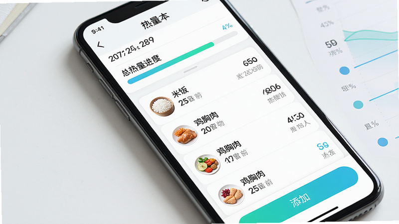 主体为手机屏幕显示“热量本”APP界面,布局简洁现代,顶部显示日期与总热量进度条,中间列表展示“米饭”“鸡胸肉”等食物及其热量数值,底部有添加按钮,风格清新极简,细节处体现数据可视化图表,高清画质,干净无多余元素,文字“热量本”清晰可见
