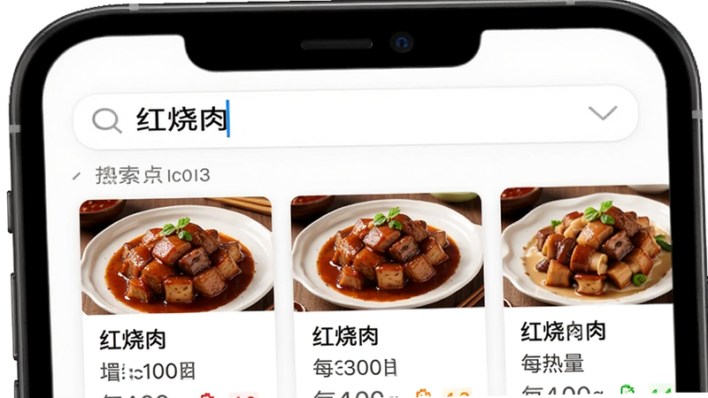 主体为手机界面,展示搜索框输入“红烧肉”,下方列出对应食物卡片,包含图片、名称、每100g热量数值,布局清晰,风格扁平化,细节展示搜索联想功能,高清画质,干净,无多余元素,文字“红烧肉”“热量”清晰