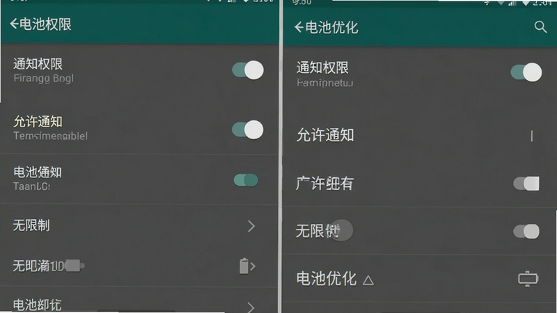 主体为手机设置界面中关于通知权限与电池优化的配置截图,布局展示开关状态与列表项,排版清晰易读,风格为典型的安卓系统设置界面,细节突出“允许通知”与“无限制”选项,画质清晰,干净无干扰元素,文字包含