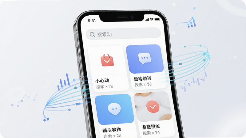 展示“小心动”APP内的智能推荐界面,主体为手机屏幕截图,布局清晰,顶部显示搜索栏,下方为网格状的内容卡片,每张卡片都有清晰的图标和文字说明,风格简约清新,细节处体现数据流动的视觉效果,画质清晰,干净,无多余元素