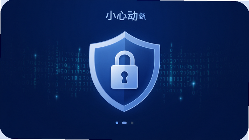 “小心动”APP的隐私保护设置界面,主体为盾牌图标与锁头元素,布局对称,排版严谨,风格深蓝色调象征安全,细节处有数字代码流动效果,画质清晰,干净,无多余元素