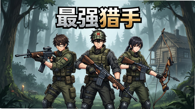 主体为一款名为“最强猎手”的移动端策略卡牌手游宣传海报,布局采用中心对称构图,画面中央站立着三位身穿战术装备的动漫风格猎人角色,手持枪械与猎弓,背景是迷雾缭绕的原始森林与远处的狩猎小屋,排版简洁大气,上方有醒目的游戏Logo文字“最强猎手”,整体风格为高清二次元赛璐璐风格,细节丰富,光影效果逼真,画质4K,干净无多余元素