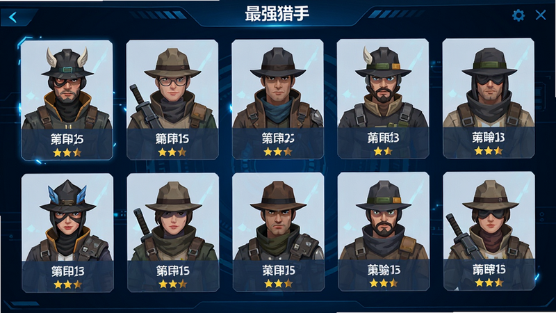 主体展示“最强猎手”游戏内的角色选择界面,布局为网格状排列,显示多个不同造型的猎人角色头像卡片,每个卡片下方标注角色名称与稀有度星级,背景为深蓝色科技风UI界面,排版整齐有序,风格为现代扁平化设计,细节处有光效点缀,画质高清,清晰展示角色特征,无多余装饰