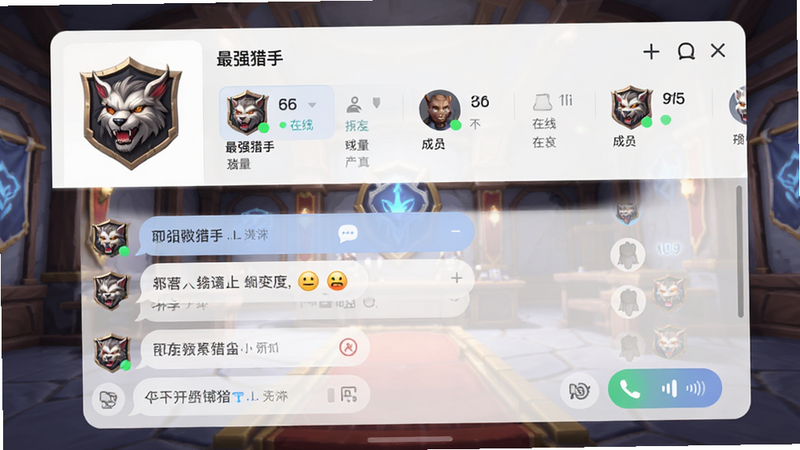 主体为“最强猎手”公会界面与聊天窗口,布局上方显示公会徽章与成员列表,下方为聊天消息气泡,其中包含语音通话图标,背景为虚拟的公会大厅场景,排版层次分明,风格为社交应用UI设计,细节处展示好友在线状态与表情图标,画质清爽,色彩和谐,无冗余元素