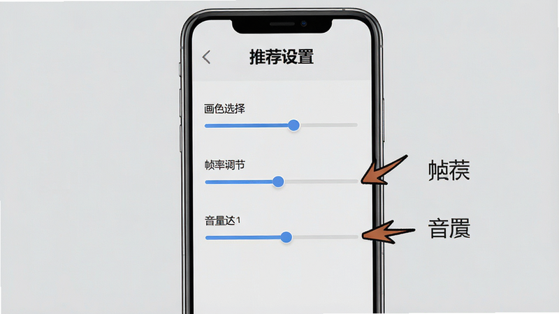 主体为“最强猎手”游戏设置界面教程图,布局为手机屏幕模拟图,显示画质选择、帧率调节、音量控制等滑块,背景为简洁的浅灰色,排版清晰,文字标注“推荐设置”,风格为极简主义UI设计,细节处有箭头指示关键选项,画质清晰,无干扰元素