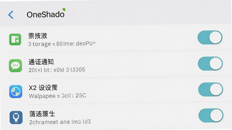 手机设置界面截图,主体为OneShado应用权限管理页面,布局为列表形式,显示存储、通知、壁纸设置等权限开关状态,排版整齐,浅色背景风格,细节清晰,画质高清,干净无多余元素